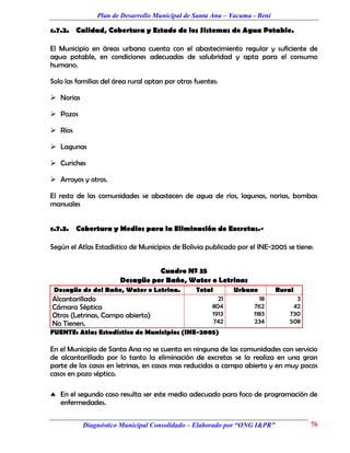 Plan de Desarrollo Municipal de Santa Ana – Yacuma - Beni

c.7.2. Calidad, Cobertura y Estado de los Sistemas de Agua Potable.

El Municipio en áreas urbana cuenta con el abastecimiento regular y suficiente de
agua potable, en condiciones adecuadas de salubridad y apta para el consumo
humano.

Solo las familias del área rural optan por otras fuentes:

 Norias

 Pozos

 Ríos

 Lagunas

 Curiches

 Arroyos y otros.

El resto de las comunidades se abastecen de agua de ríos, lagunas, norias, bombas
manuales


c.7.3. Cobertura y Medios para la Eliminación de Excretas.-

Según el Atlas Estadístico de Municipios de Bolivia publicado por el INE-2005 se tiene:


                                 Cuadro Nº 35
                       Desagüe por Baño, Water o Letrinas
 Desagüe de del Baño, Water o Letrina.           Total        Urbano       Rural
Alcantarillado                                           21          18          3
Cámara Séptica                                         804         762          42
Otros (Letrinas, Campo abierto)                        1913        1183        730
No Tienen.                                             742         234         508
FUENTE: Atlas Estadístico de Municipios (INE-2005)

En el Municipio de Santa Ana no se cuenta en ninguna de las comunidades con servicio
de alcantarillado por lo tanto la eliminación de excretas se la realiza en una gran
parte de los casos en letrinas, en casos mas reducidos a campo abierto y en muy pocos
casos en pozo séptico.

 En el segundo caso resulta ser este medio adecuado para foco de programación de
  enfermedades.


           Diagnóstico Municipal Consolidado – Elaborado por “ONG I&PR”               76
 