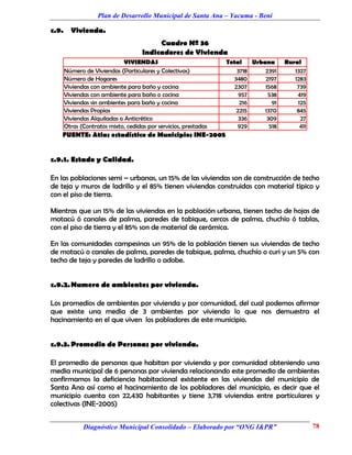 Plan de Desarrollo Municipal de Santa Ana – Yacuma - Beni

c.9. Vivienda.
                                       Cuadro Nº 36
                                  Indicadores de Vivienda
                          VIVIENDAS                            Total    Urbana      Rural
    Número de Viviendas (Particulares y Colectivas)                3718     2391       1327
    Número de Hogares                                            3480       2197       1283
    Viviendas con ambiente para baño y cocina                     2307      1568        739
    Viviendas con ambiente para baño o cocina                       957      538        419
    Viviendas sin ambientes para baño y cocina                      216        91       125
    Viviendas Propias                                              2215     1370        845
    Viviendas Alquiladas o Anticrético                              336      309         27
    Otras (Contratos mixto, cedidas por servicios, prestadas       929        518        411
   FUENTE: Atlas estadístico de Municipios INE-2005


c.9.1. Estado y Calidad.

En las poblaciones semi – urbanas, un 15% de las viviendas son de construcción de techo
de teja y muros de ladrillo y el 85% tienen viviendas construidas con material típico y
con el piso de tierra.

Mientras que un 15% de las viviendas en la población urbana, tienen techo de hojas de
motacú ó canales de palma, paredes de tabique, cercos de palma, chuchío ó tablas,
con el piso de tierra y el 85% son de material de cerámica.

En las comunidades campesinas un 95% de la población tienen sus viviendas de techo
de motacú o canales de palma, paredes de tabique, palma, chuchío o curi y un 5% con
techo de teja y paredes de ladrillo o adobe.


c.9.2. Numero de ambientes por vivienda.

Los promedios de ambientes por vivienda y por comunidad, del cual podemos afirmar
que existe una media de 3 ambientes por vivienda lo que nos demuestra el
hacinamiento en el que viven los pobladores de este municipio.


c.9.3. Promedio de Personas por vivienda.

El promedio de personas que habitan por vivienda y por comunidad obteniendo una
media municipal de 6 personas por vivienda relacionando este promedio de ambientes
confirmamos la deficiencia habitacional existente en las viviendas del municipio de
Santa Ana así como el hacinamiento de los pobladores del municipio, es decir que el
municipio cuenta con 22,430 habitantes y tiene 3,718 viviendas entre particulares y
colectivas (INE-2005)


           Diagnóstico Municipal Consolidado – Elaborado por “ONG I&PR”                        78
 