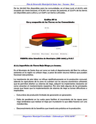 Plan de Desarrollo Municipal de Santa Ana – Yacuma - Beni

De las 314.260 Has disponibles para las comunidades, en el área rural, el 49.12% está
ocupado por áreas boscosas, el 14.34% son campos de pastoreo, el 22.67% de las tierras
son disponibles para cultivo y un 13.87% son tierras cultivadas.


                                 Gráfico Nº 13
               Uso y ocupación de las Tierras en las Comunidades

                                      49.12%




                                                                         14.34%
              13.87%
                                                     22.67%



                        PASTOREO   CULTIVABLE   CULTIVADO     FORESTAL




        FUENTE: Atlas Estadístico de Municipios (INE-2005) y P.O.T


d.1.2. Superficies de Tierra Bajo Riego y a Secano.

En el Municipio de Santa Ana así como en todo el departamento del Beni los cultivos
existentes en la región no utilizan riego, a pesar de existir recursos hídricos que puedan
favorecer esta práctica.

La inexistencia de esta labor no influye significativamente en la producción comunal,
además los agricultores de la zona no cuentan con los recursos económicos suficientes
que les permitan diseñar sus sistemas de riego, adquirir los implementos necesarios así
como solventar el mantenimiento respectivo. Por otro lado algunas de las principales
causas que hacen que la implementación de sistemas de riego se tornen dificultosas e
inaplicables.

   Costumbres de producción limitada de generación en generación.

   Falta de pendiente en los suelos para facilitar el movimiento de las aguas para
    riego teniéndose que realizar el riego por inundación lo que debe hacerse con una
    motobomba.

   Desconocimiento de los beneficios que traería esta práctica en la producción.


           Diagnóstico Municipal Consolidado – Elaborado por “ONG I&PR”                85
 