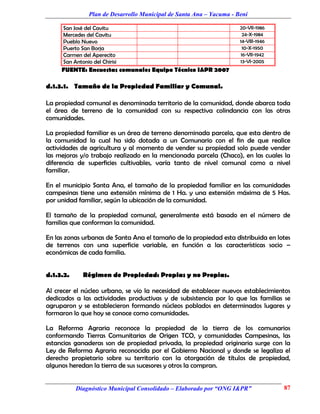 Plan de Desarrollo Municipal de Santa Ana – Yacuma - Beni

      San José del Cavitu                                              20-VII-1986
      Mercedes del Cavitu                                               24-X-1984
      Pueblo Nuevo                                                     14-VIII-1946
      Puerto San Borja                                                  10-X-1950
      Carmen del Aperecito                                             16-VII-1942
      San Antonio del Chirisi                                          13-VI-2005
     FUENTE: Encuestas comunales Equipo Técnico I&PR 2007

d.1.3.1. Tamaño de la Propiedad Familiar y Comunal.

La propiedad comunal es denominada territorio de la comunidad, donde abarca toda
el área de terreno de la comunidad con su respectiva colindancia con las otras
comunidades.

La propiedad familiar es un área de terreno denominada parcela, que esta dentro de
la comunidad la cual ha sido dotada a un Comunario con el fin de que realice
actividades de agricultura y al momento de vender su propiedad solo puede vender
las mejoras y/o trabajo realizado en la mencionada parcela (Chaco), en las cuales la
diferencia de superficies cultivables, varía tanto de nivel comunal como a nivel
familiar.

En el municipio Santa Ana, el tamaño de la propiedad familiar en las comunidades
campesinas tiene una extensión mínima de 1 Ha. y una extensión máxima de 5 Has.
por unidad familiar, según la ubicación de la comunidad.

El tamaño de la propiedad comunal, generalmente está basado en el número de
familias que conforman la comunidad.

En las zonas urbanas de Santa Ana el tamaño de la propiedad esta distribuida en lotes
de terrenos con una superficie variable, en función a las características socio –
económicas de cada familia.


d.1.3.2.      Régimen de Propiedad: Propias y no Propias.

Al crecer el núcleo urbano, se vio la necesidad de establecer nuevos establecimientos
dedicados a las actividades productivas y de subsistencia por lo que las familias se
agruparon y se establecieron formando núcleos poblados en determinados lugares y
formaron lo que hoy se conoce como comunidades.

La Reforma Agraria reconoce la propiedad de la tierra de los comunarios
conformando Tierras Comunitarias de Origen TCO, y comunidades Campesinas, las
estancias ganaderas son de propiedad privada, la propiedad originaria surge con la
Ley de Reforma Agraria reconocida por el Gobierno Nacional y donde se legaliza el
derecho propietario sobre su territorio con la otorgación de títulos de propiedad,
algunos heredan la tierra de sus sucesores y otros la compran.


           Diagnóstico Municipal Consolidado – Elaborado por “ONG I&PR”               87
 