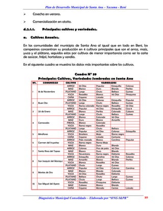 Plan de Desarrollo Municipal de Santa Ana – Yacuma - Beni

     Cosecha en verano.

     Comercialización en otoño.

d.2.1.1.        Principales cultivos y variedades.

a.   Cultivos Anuales.

En las comunidades del municipio de Santa Ana al igual que en todo en Beni, los
campesinos concentran su producción en 4 cultivos principales que son el arroz, maíz,
yuca y el plátano, seguidos estos por cultivos de menor importancia como ser la caña
de azúcar, fréjol, hortalizas y sandía.

En el siguiente cuadro se muestra los datos más importantes sobre los cultivos.

                                   Cuadro N° 39
            Principales Cultivos, Variedades Sembradas en Santa Ana
      Nº.       COMUNIDAD             CULTIVO                         VARIEDADES
                                       ARROZ    90 Días         Popular      Estaquilla   Colorao
                                        MAIZ    Blanco          Duro         Blando       Perlita
      1     18 de Noviembre           PLATANO   Largo           Chuto        Bellaco      Guineo
                                        YUCA    Rosadita        Blanca       90 Días      Piraquina
                                        CAÑA    Cayana          Listada
                                       ARROZ    90 Días         Colorao      Estaquilla   Popular
      2     Buen Día                  PLATANO   Largo           Chuto        Bellaco      Guineo
                                        YUCA    Rama colorada   Rama negra Rosadita       90 Días
                                       ARROZ    Popular         90 Días      Estaquilla   Cica 8
      3     20 de Enero                 MAIZ    Blanco          Perlita      Colorado     Cubano
                                      PLATANO   Largo           Chuto        Bellaco      Guineo
                                       ARROZ    Blanco          Colorado     90 Días
                                        MAIZ    Duro            Blanco       Amarillo
      4     Carnavales                 FREJOL   Blanco          Colorado
                                        YUCA    Rama negra      Rosadita
                                      PLATANO   Largo           Chuto        Bellaco
                                       ARROZ    Popular         90 Días      Colorao      Estaquilla
      5     Miraflores                  YUCA    Brasilera       Moja         Rama negra
                                        CAÑA    Cayana          Listada      Cartavia
                                       ARROZ    Palo morado     Blanco       Carolina     Popular
      6     Carmen del Iruyañez         YUCA    Rama negra      Rama Moja
                                        MAIZ    Blanco          Duro         Blando
                                       ARROZ    Colorao         Pico de pato 90 Días
      7     Santa Rosa del Tapao        MAIZ    Blanco          Duro         Blando
                                        YUCA    Noventano       Rama negra Elefante       Rosadita
                                       ARROZ    Estaquilla      Carolina     90 Días      Colorao
                                        MAIZ    Amarillo        Blanco       Blando       Perlita
      8     San Joaquín del Maniqui
                                        YUCA    Blanca          Rosadita     90 Días
                                      PLATANO   Chuto           Largo        Guineo
                                       ARROZ    Popular         90 Días      Colorao      Carolina
                                        MAIZ    Blanco          Blando       Colorado
      9     Montes de Oro
                                        YUCA    90 Días         Rosadita     Elefante
                                      PLATANO   Bellaco         Chuto        Largo        Guineo
                                      PLATANO   Chuto           Largo        Bellaco      Guineo
                                        YUCA    Rosadita        Piraquina    Elefante
      10    San Miguel del Apere
                                        MAIZ    Cubano          Blanco       Blando
                                        CAÑA    Cayana          Morada       Ceniza       Listada



            Diagnóstico Municipal Consolidado – Elaborado por “ONG I&PR”                               89
 