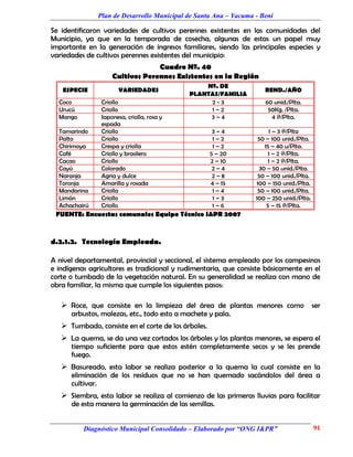 Plan de Desarrollo Municipal de Santa Ana – Yacuma - Beni

Se identificaron variedades de cultivos perennes existentes en las comunidades del
Municipio, ya que en la temporada de cosecha, algunas de estas un papel muy
importante en la generación de ingresos familiares, siendo las principales especies y
variedades de cultivos perennes existentes del municipio:
                                 Cuadro Nº. 40
                    Cultivos Perennes Existentes en la Región
                                                Nº. DE
   ESPECIE             VARIEDADES                                    REND./AÑO
                                            PLANTAS/FAMILIA
  Coco          Criollo                          2-3                 60 unid./Plta.
  Urucú         Criollo                          1–2                  50Kg. /Plta.
  Mango         Japonesa, criolla, rosa y        3–4                   4 @/Plta.
                espada
  Tamarindo     Criollo                               3–4              1 – 3 @/Plta
  Palto         Criollo                               1–2          50 – 100 unid./Plta.
  Chirimoya     Crespa y criolla                      1–2            15 – 40 u/Plta.
  Café          Criollo y brasilero                  5 – 20            1 – 2 @/Plta.
  Cacao         Criollo                              2 – 10            1 – 2 @/Plta.
  Cayú          Colorado                              2–4          30 – 50 unid./Plta.
  Naranja       Agria y dulce                         2–8          50 – 100 unid./Plta.
  Toronja       Amarilla y rosada                    4 – 15       100 – 150 unid./Plta.
  Mandarina     Criolla                               1–4          50 – 100 unid./Plta.
  Limón         Criollo                               1–3         100 – 250 unid./Plta.
  Achachairú    Criollo                               1–6             5 – 15 @/Plta.
 FUENTE: Encuestas comunales Equipo Técnico I&PR 2007


d.2.1.2. Tecnología Empleada.

A nivel departamental, provincial y seccional, el sistema empleado por los campesinos
e indígenas agricultores es tradicional y rudimentaria, que consiste básicamente en el
corte o tumbado de la vegetación natural. En su generalidad se realiza con mano de
obra familiar, la misma que cumple los siguientes pasos:

    Roce, que consiste en la limpieza del área de plantas menores como ser
      arbustos, malezas, etc., todo esto a machete y pala.
    Tumbado, consiste en el corte de los árboles.
    La quema, se da una vez cortados los árboles y las plantas menores, se espera el
      tiempo suficiente para que estos estén completamente secos y se les prende
      fuego.
    Basureado, esta labor se realiza posterior a la quema la cual consiste en la
      eliminación de los residuos que no se han quemado sacándolos del área a
      cultivar.
    Siembra, esta labor se realiza al comienzo de las primeras lluvias para facilitar
      de esta manera la germinación de las semillas.


          Diagnóstico Municipal Consolidado – Elaborado por “ONG I&PR”                    91
 