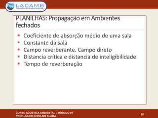 PLANILHAS: Propagação em Ambientes
fechados
 Coeficiente de absorção médio de uma sala
 Constante da sala
 Campo reverberante. Campo direto
 Distancia crítica e distancia de inteligibilidade
 Tempo de reverberação
10
CURSO ACÚSTICA AMBIENTAL - MÓDULO 01
PROF. JULES GHISLAIN SLAMA
 