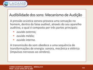 Audibilidade dos sons: Mecanismo de Audição
CURSO ACÚSTICA AMBIENTAL - MÓDULO 01
PROF. JULES GHISLAIN SLAMA
114
A pressão acústica sonora provoca uma sensação no
homem, dentro da faixa audível, através do seu aparelho
auditivo, o qual é composto por três partes principais:
 ouvido externo;
 ouvido médio;
 ouvido interno.
A transmissão do som obedece a uma sequência de
transformações de energia: sonora, mecânica e elétrica
(impulsos nervosos ao cérebro).
 