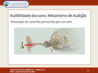 Audibilidade dos sons: Mecanismo de Audição
CURSO ACÚSTICA AMBIENTAL - MÓDULO 01
PROF. JULES GHISLAIN SLAMA
115
Simulação do caminho percorrido por um som
 