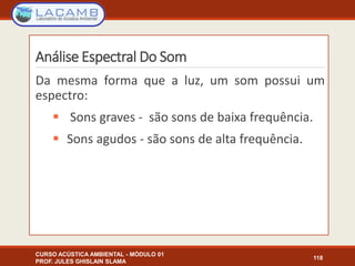 Análise Espectral Do Som
CURSO ACÚSTICA AMBIENTAL - MÓDULO 01
PROF. JULES GHISLAIN SLAMA
118
Da mesma forma que a luz, um som possui um
espectro:
 Sons graves - são sons de baixa frequência.
 Sons agudos - são sons de alta frequência.
 