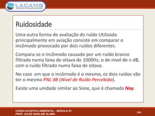 Ruidosidade
Uma outra forma de avaliação do ruído Utilizada
principalmente em aviação consiste em comparar o
incômodo provocado por dois ruídos diferentes.
Compara-se o incômodo causado por um ruído branco
filtrado numa faixa de oitava de 1000Hz, o de nível de n dB,
com o ruído filtrado numa faixa de oitava.
No caso em que o incômodo é o mesmo, os dois ruídos vão
ter o mesmo PNL dB (Nível de Ruído Percebido).
Existe uma unidade similar ao Sone, que é chamada Noy.
CURSO ACÚSTICA AMBIENTAL - MÓDULO 01
PROF. JULES GHISLAIN SLAMA
154
 