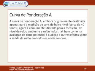 Curva de Ponderação A
A curva de ponderação A, embora originalmente destinada
apenas para a medição de sons de baixo nível (cerca de 40
fones), agora é comumente utilizado para a medição de
nível de ruído ambiente e ruído industrial, bem como na
avaliação de dano potencial à audição e outros efeitos sobre
a saúde de ruído em todos os níveis sonoros.
CURSO ACÚSTICA AMBIENTAL - MÓDULO 01
PROF. JULES GHISLAIN SLAMA
160
 