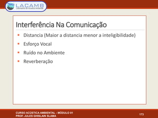 Interferência Na Comunicação
 Distancia (Maior a distancia menor a inteligibilidade)
 Esforço Vocal
 Ruído no Ambiente
 Reverberação
CURSO ACÚSTICA AMBIENTAL - MÓDULO 01
PROF. JULES GHISLAIN SLAMA
173
 