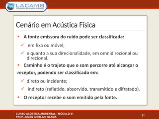 Cenário em Acústica Física
 A fonte emissora do ruído pode ser classificada:
 em fixa ou móvel;
 e quanto a sua direcionalidade, em omnidirecional ou
direcional.
 Caminho é o trajeto que o som percorre até alcançar o
receptor, podendo ser classificado em:
 direto ou incidente;
 indireto (refletido, absorvido, transmitido e difratado).
 O receptor recebe o som emitido pela fonte.
CURSO ACÚSTICA AMBIENTAL - MÓDULO 01
PROF. JULES GHISLAIN SLAMA
21
 
