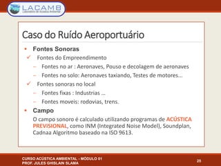 Caso do Ruído Aeroportuário
 Fontes Sonoras
 Fontes do Empreendimento
 Fontes no ar : Aeronaves, Pouso e decolagem de aeronaves
 Fontes no solo: Aeronaves taxiando, Testes de motores...
 Fontes sonoras no local
 Fontes fixas : Industrias …
 Fontes moveis: rodovias, trens.
 Campo
O campo sonoro é calculado utilizando programas de ACÚSTICA
PREVISIONAL, como INM (Integrated Noise Model), Soundplan,
Cadnaa Algoritmo baseado na ISO 9613.
CURSO ACÚSTICA AMBIENTAL - MÓDULO 01
PROF. JULES GHISLAIN SLAMA
25
 