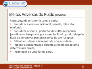 Efeitos Adversos do Ruído (Revisão)
A presença de uma fonte sonora pode:
 Prejudicar a comunicação oral; (escola, televisão,
telefone);
 Prejudicar o sono e, portanto, dificultar o repouso
(residências, Hospitais) por exemplo. Ruído produzido pelo
fluxo de aeronaves passando perto de um receptor;
 Dificultar o desenvolvimento de uma atividade;
 Impedir a concentração durante a realização de uma
determinada tarefa;
 Incomodar de uma forma geral.
CURSO ACÚSTICA AMBIENTAL - MÓDULO 01
PROF. JULES GHISLAIN SLAMA
32
 
