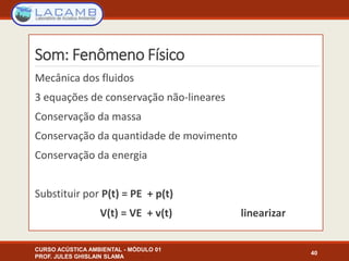 Som: Fenômeno Físico
Mecânica dos fluidos
3 equações de conservação não-lineares
Conservação da massa
Conservação da quantidade de movimento
Conservação da energia
Substituir por P(t) = PE + p(t)
V(t) = VE + v(t) linearizar
CURSO ACÚSTICA AMBIENTAL - MÓDULO 01
PROF. JULES GHISLAIN SLAMA
40
 