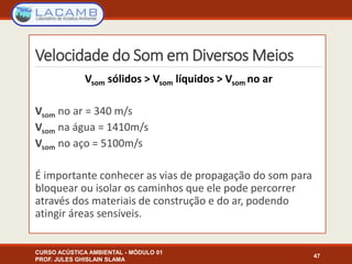 Velocidade do Som em Diversos Meios
Vsom sólidos > Vsom líquidos > Vsom no ar
Vsom no ar = 340 m/s
Vsom na água = 1410m/s
Vsom no aço = 5100m/s
É importante conhecer as vias de propagação do som para
bloquear ou isolar os caminhos que ele pode percorrer
através dos materiais de construção e do ar, podendo
atingir áreas sensíveis.
CURSO ACÚSTICA AMBIENTAL - MÓDULO 01
PROF. JULES GHISLAIN SLAMA
47
 