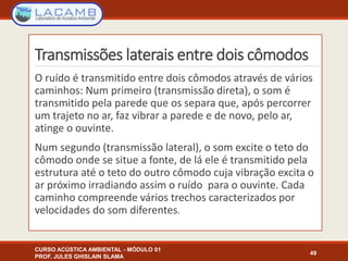 Transmissões laterais entre dois cômodos
O ruído é transmitido entre dois cômodos através de vários
caminhos: Num primeiro (transmissão direta), o som é
transmitido pela parede que os separa que, após percorrer
um trajeto no ar, faz vibrar a parede e de novo, pelo ar,
atinge o ouvinte.
Num segundo (transmissão lateral), o som excite o teto do
cômodo onde se situe a fonte, de lá ele é transmitido pela
estrutura até o teto do outro cômodo cuja vibração excita o
ar próximo irradiando assim o ruído para o ouvinte. Cada
caminho compreende vários trechos caracterizados por
velocidades do som diferentes.
CURSO ACÚSTICA AMBIENTAL - MÓDULO 01
PROF. JULES GHISLAIN SLAMA
49
 
