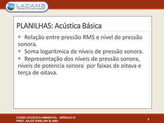 PLANILHAS: Acústica Básica
 Relação entre pressão RMS e nível de pressão
sonora.
 Soma logarítmica de níveis de pressão sonora.
 Representação dos níveis de pressão sonora,
níveis de potencia sonora por faixas de oitava e
terça de oitava.
5
CURSO ACÚSTICA AMBIENTAL - MÓDULO 01
PROF. JULES GHISLAIN SLAMA
 