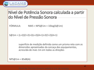 Nível de Potência Sonora calculada a partir
do Nível de Pressão Sonora
FÓRMULA: NWS = NPS@1m + 10log(S@1m)
S@1m = (L+2)(C+2)+2(L+2)(A+1)+2(C+2)(A+1)
superfície de medição definida como um prisma reto com as
dimensões aproximadas da carcaça dos equipamentos,
acrescida de mais 1m em todas as direções
NPS@1m = 85dB(A)
Nível de Pressão Sonora médio a 1m da carcaça.
63
 