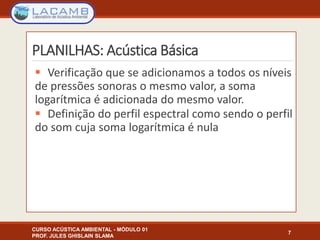 PLANILHAS: Acústica Básica
 Verificação que se adicionamos a todos os níveis
de pressões sonoras o mesmo valor, a soma
logarítmica é adicionada do mesmo valor.
 Definição do perfil espectral como sendo o perfil
do som cuja soma logarítmica é nula
7
CURSO ACÚSTICA AMBIENTAL - MÓDULO 01
PROF. JULES GHISLAIN SLAMA
 