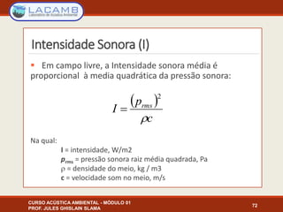 Intensidade Sonora (I)
 Em campo livre, a Intensidade sonora média é
proporcional à media quadrática da pressão sonora:
Na qual:
I = intensidade, W/m2
prms = pressão sonora raiz média quadrada, Pa
 = densidade do meio, kg / m3
c = velocidade som no meio, m/s
CURSO ACÚSTICA AMBIENTAL - MÓDULO 01
PROF. JULES GHISLAIN SLAMA
72
 
c
p
I rms

2

 