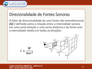 Direcionalidade de Fontes Sonoras
O fator de direcionalidade de uma fonte não omnidirecional
(Q) é definido como a relação entre a intensidade sonora
em uma certa direção a uma certa distância r da fonte com
a intensidade média em todas as direções.
CURSO ACÚSTICA AMBIENTAL - MÓDULO 01
PROF. JULES GHISLAIN SLAMA
73
 