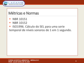 Métricas e Normas
 NBR 10151
 NBR 10152
 ISO1996. Cálculo do SEL para uma serie
temporal de níveis sonoros de 1 em 1 segundo.
8
CURSO ACÚSTICA AMBIENTAL - MÓDULO 01
PROF. JULES GHISLAIN SLAMA
 