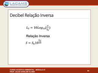 Decibel Relação Inversa
CURSO ACÚSTICA AMBIENTAL - MÓDULO 01
PROF. JULES GHISLAIN SLAMA
85
Relação Inversa
 