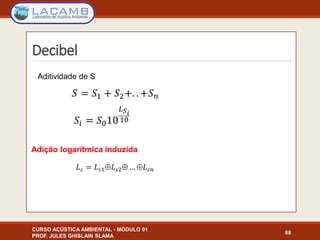 Decibel
CURSO ACÚSTICA AMBIENTAL - MÓDULO 01
PROF. JULES GHISLAIN SLAMA
88
Aditividade de S
Adição logarítmica induzida
 