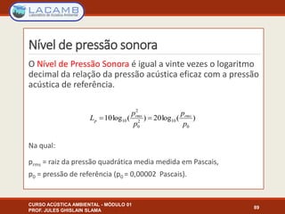 Nível de pressão sonora
O Nível de Pressão Sonora é igual a vinte vezes o logaritmo
decimal da relação da pressão acústica eficaz com a pressão
acústica de referência.
Na qual:
prms = raiz da pressão quadrática media medida em Pascais,
p0 = pressão de referência (p0 = 0,00002 Pascais).
CURSO ACÚSTICA AMBIENTAL - MÓDULO 01
PROF. JULES GHISLAIN SLAMA
89
)(log20)(log10
0
102
0
2
10
p
p
p
p
L rmsrms
p 
 