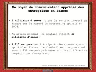 Un moyen de communication apprécié des entreprises en France 4 milliards d'euros , c'est le montant investi en France sur le marché du sponsoring sportif en 2006. Au niveau mondial, ce montant atteint  40 milliards d'euros . 1 917 marques  ont été répertoriées comme sponsor sportif en France. Le football est toujours roi avec 1 231 marques présentes sur les différentes compétitions françaises. Source: étude annuelle de TNS Sport réalisée pour les Echos. 