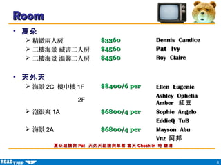 Room
? Ķ
  ? @˷            $3360            Dennis Candice
  ? Ǻ ؕ˷       $4560            Pat Ivy
  ? Ǻ ܰ˷       $4560            Roy Claire


? 
  ?  2C И 1F     $8400/6 per      Ellen Eugenie
                                      Ashley Ophelia
               2F
                                      Amber t
  ? ݺˬ 1A           $6800/4 per      Sophie Angelo
                                      EddieQ TuB
  ?  2A            $6800/4 per      Mayson Abu
                                      Vnz 
        ĶMՈc Pat MՈcݮ  Check in r U


                                                       8
 