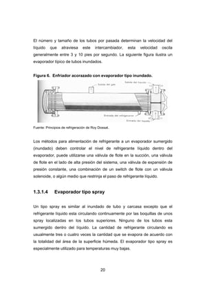 El número y tamaño de los tubos por pasada determinan la velocidad del 
líquido que atraviesa este intercambiador, esta velocidad oscila 
generalmente entre 3 y 10 pies por segundo. La siguiente figura ilustra un 
evaporador típico de tubos inundados. 
Figura 6. Enfriador acorazado con evaporador tipo inundado. 
Fuente: Principios de refrigeración de Roy Dossat. 
Los métodos para alimentación de refrigerante a un evaporador sumergido 
(inundado) deben controlar el nivel de refrigerante líquido dentro del 
evaporador, puede utilizarse una válvula de flote en la succión, una válvula 
de flote en el lado de alta presión del sistema, una válvula de expansión de 
presión constante, una combinación de un switch de flote con un válvula 
solenoide, o algún medio que restrinja el paso de refrigerante líquido. 
1.3.1.4 Evaporador tipo spray 
Un tipo spray es similar al inundado de tubo y carcasa excepto que el 
refrigerante líquido esta circulando continuamente por las boquillas de unos 
spray localizadas en los tubos superiores. Ninguno de los tubos esta 
sumergido dentro del líquido. La cantidad de refrigerante circulando es 
usualmente tres o cuatro veces la cantidad que se evapora de acuerdo con 
la totalidad del área de la superficie húmeda. El evaporador tipo spray es 
especialmente utilizado para temperaturas muy bajas. 
20 
 