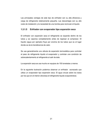 Las principales ventajas de este tipo de enfriador son su alta eficiencia y 
carga de refrigerante relativamente pequeña. Las desventajas son su alto 
costo de instalación y la necesidad de una bomba para recircular el líquido. 
1.3.1.5 Enfriador con evaporador tipo expansión seca 
El enfriador con expansión seca el refrigerante se expande dentro de los 
tubos y se vaporiza completamente antes de regresar al compresor. El 
líquido (agua por ejemplo) fluye por encima de los tubos que es el lugar 
donde se da la transferencia de calor. 
Se usa generalmente una válvula de expansión termostática para controlar 
el paso de refrigerante líquido al evaporador y controlar una condición de 
sobrecalentamiento al refrigerante al salir de éste. 
La expansión seca se usa mucho en equipos de 150 toneladas o menos. 
En la siguiente ilustración podemos observar un enfriador acorazado que 
utiliza un evaporador tipo expansión seca. El agua circula sobre los tubos 
por los que en el interior atraviesa el refrigerante líquido evaporándose. 
21 
 