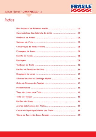 Manual Técnico - LINHA PESADA - 2


Índice

          Uma Indústria de Primeiro Mundo ....................................... 03

          Características dos Materiais de Atrito ................................. 05

          Distância de Parada ........................................................ 06

          Sistemas de Freio ........................................................... 07

          Conservação de Molas e Patins ........................................... 08

          Estocagem de Lonas ........................................................ 08

          Escolha de Lonas ............................................................ 08

          Rebitagem .................................................................... 09

          Tambores de Freio .......................................................... 12

          Retíﬁca de Tambores de Freio ............................................ 14

          Regulagem de Lonas ......................................................... 15

          Válvulas de Alívio ou Descarga Rápida .................................. 15

          Molas de Retorno das Sapatas ............................................ 15

          Predominância ............................................................... 15

          Troca das Lonas para Freio ................................................ 16

          Teste de Torque ............................................................. 16

          Retíﬁca de Discos ........................................................... 16

          Avarias Mais Comuns nos Freios .......................................... 17

          Causas do Superaquecimento dos Freios ............................... 18

          Tabela de Conversão Lonas Pesadas ..................................... 19
 