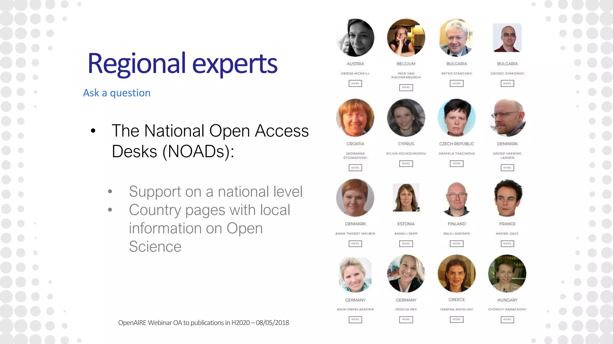 Regionalexperts
Ask a question
• The National Open Access
Desks (NOADs):
• Support on a national level
• Country pages with local
information on Open
Science
OpenAIRE WebinarOAtopublicationsinH2020 –08/05/2018
 