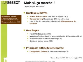 Mais si, ça marche ! La preuve par les maths* Quelques chiffres Part de marché : >10%  (14% pour le rapport EITO) Blended learning   Plébiscité par 89% des entreprises  Pour 67,9% des entreprises le futur est le  développement de contenus Avantages Flexibilité et souplesse (72%) Autonomie/indépendance et responsabilisation de l’apprenant (61%) Personnalisation et individualisation (61%) Gestion et gain de temps (55%) Principale difficulté rencontrée Changements culturels   et résistances internes (51%) Formation sur Internet : «  Voici un créneau qui ne devrait pas tarder à exploser »  Management, Septembre 2006 * Source : Baromètre CCIP 2006 du e-learning (juin 2006) 
