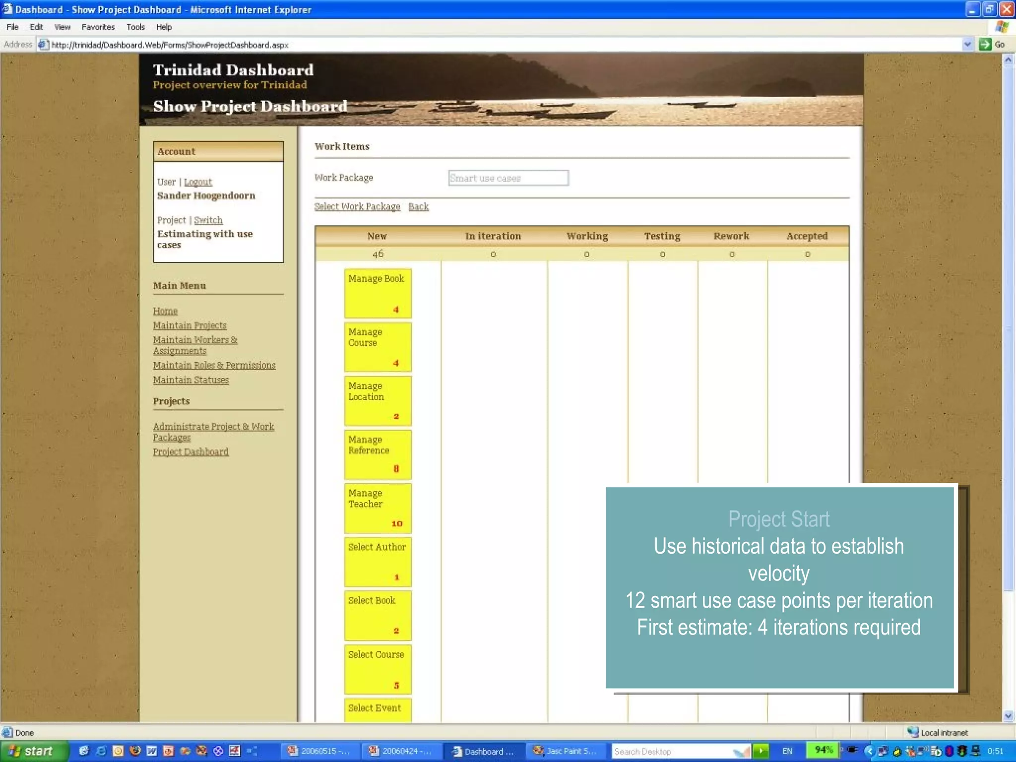 Project Start Use historical data to establish velocity 12 smart use case points per iteration First estimate: 4 iterations required 