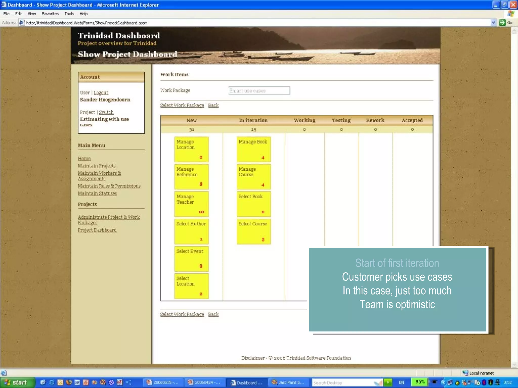 Start of first iteration Customer picks use cases In this case, just too much Team is optimistic 