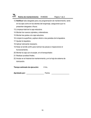 98
Rutina de mantenimiento: R-M0006 Página 1 de 2
12.Notificar todo desgaste para una programación de mantenimiento, tanto
en los ejes como en los dientes del engranaje, asegurarse que no
presenten desgaste o fisura.
13.Limpieza total de la caja reductora.
14.Montar los nuevos cojinetes y retenedores.
15.Montar las partes a la caja reductora.
16.Limpiar la superficie y aplicar silicón a las paredes de la tapadera.
17.Ajustar la tapadera.
18.Aplicar lubricante necesario.
19.Rotar el tornillo sinfín para lubricar las piezas e inspeccionar el
funcionamiento.
20.Montar la caja con el acople, en el transportador.
21.Realizar pruebas finales.
22.Anotar en el historial de mantenimiento y en la hoja de sistema de
lubricación.
Tiempo estimado de ejecución: 4 hrs.
Aprobado por: Fecha:
 
