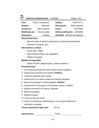 103
Rutina de mantenimiento: R-M0008 Página 1 de 1
Área: Ciclón y mezcladora
Sistema: Mecánico
Creado por: Allan Cantoral
Modificado por: Enio Gonzáles
Frecuencia: 8 meses
Código: CYM-1/4-1/1
Descripción: Motor eléctrico
Fecha: 12/01/2009
Última modificación: 2/02/2009
Actividad: Revisión de cadenas
Recomendaciones
– Ejecutar antes de iniciar la producción o en tiempos programados
(refacción, almuerzo, etc).
Herramientas a utilizar
– Llaves Allen y Wipe
– Destornillador Philips y de castigadera
– Pistola de engrase
Medidas de seguridad
– Utilizar los EPP, apagar equipo y sistema eléctrico.
Procedimientos
1. Con ayuda de las llave de cola y corona quitar la tapadera
2. Inspeccionar la tensión de la cadena. Notificar.
3. Limpiar la superficie de la cadena.
4. Inspeccionar si en toda la cadena se presenta desgaste.
5. Revisar los sprocket, si existe desgaste. Notificar.
6. Inspeccionar si hay juego en los sprocket, reparar y notificar.
7. Aplicar lubricante en la cadena y sprocket.
8. Montar la tapadera
9. Realizar pruebas.
10.Limpiar exceso de aceite.
11.Anotar en historial de mantenimiento y en la hoja de sistema de
lubricación y engrase.
Tiempo estimado de ejecución: 25 min.
Aprobado por: Fecha:
 