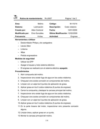 118
Rutina de mantenimiento: R-L0007 Página 1 de 2
Área: Molino
Sistema: Lubricación
Creado por: Allan Cantoral
Modificado por: Enio Gonzáles
Frecuencia: 8 días
Código: M-1/5/14
Descripción: Codo rotatorio
Fecha: 12/01/2009
Última Modificación: 12/02/2009
Actividad: Engrase
Herramientas a Utilizar
– Destornillador Philips y de castigadera
– Llaves Allen
– Linterna
– Wipe
– Pistola engrasadora
Medidas de seguridad
– Utilizar los EPP
– Apagar el equipo y todo sistema eléctrico
– El engrase se realizará con el sistema eléctrico apagado.
Procedimientos
1. Abrir compuerta del molino.
2. Inspeccionar sino existe fuga de agua en los codos rotatorios.
3. Chequear sino existe corrosión en componentes del molino.
4. Limpiar con un wipe los 6 puntos de aplicación de grasa.
5. Aplicar grasa en los 6 codos rotatorios (6 puntos de engrase)
6. Cerrar la compuerta y destapar la carcasa principal del molino.
7. Inspeccionar sino existe fuga de agua en los codos rotatorios.
8. Chequear sino existe corrosión en componentes del molino.
9. Limpiar con un wipe los 5 puntos de aplicación de grasa.
10.Aplicar grasa en los 5 codos rotatorios (5 puntos de engrase).
11.En la parte trasera del motor, inspeccionar sino presenta corrosión
alguna.
12.Limpiar área y aplicar grasa en un punto.
13.Montar la carcasa principal del molino.
 