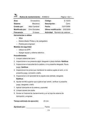 136
Rutina de mantenimiento: R-M0012 Página 1 de 1
Área: Envasadora
Sistema: Mecánico
Creado por: Allan Cantoral
Modificado por: Enio Gonzáles
Frecuencia: 8 meses
Código: E-1/2/23
Descripción: Carro
Fecha: 12/01/2009
Última modificación: 2/02/2009
Actividad: Revisión de cadenas
Herramientas a utilizar
– Wipe
– Destornillador Philips y de castigadera
– Pistola para engrasar
Medidas de seguridad
– Utilizar los EPP.
– Apagar equipo y sistema eléctrico.
Procedimientos
1. Limpiar cadena del carro.
2. Inspeccionar si se presenta algún desgaste o pieza dañada. Notificar.
3. Inspeccionar el sprocket de la cadena, si no presenta desgaste, fisura,
juego. Notificar.
4. Inspeccionar los pines que mantienen la cadena sujeta al carro, si no
presenta juego, corrosión o daño.
5. Inspeccionar si el sprocket de la zapata esta dañada, desgaste.
Notificar.
6. Ajustar tornillo superior que sujeta el eje vaivén, verificar si presenta
juego, desgaste o daño.
7. Aplicar lubricante en la cadena y sprocket.
8. Limpiar exceso de aceite.
9. Anotar en historial de mantenimiento y en la hoja de sistema de
lubricación y engrase.
Tiempo estimado de ejecución: 25 min.
Aprobado por: Fecha:
 