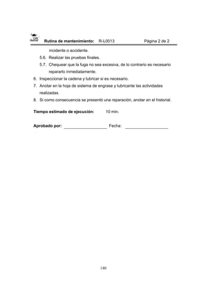 140
Rutina de mantenimiento: R-L0013 Página 2 de 2
incidente o accidente.
5.6. Realizar las pruebas finales.
5.7. Chequear que la fuga no sea excesiva, de lo contrario es necesario
repararlo inmediatamente.
6. Inspeccionar la cadena y lubricar si es necesario.
7. Anotar en la hoja de sistema de engrase y lubricante las actividades
realizadas.
8. Si como consecuencia se presentó una reparación, anotar en el historial.
Tiempo estimado de ejecución: 10 min.
Aprobado por: Fecha:
 