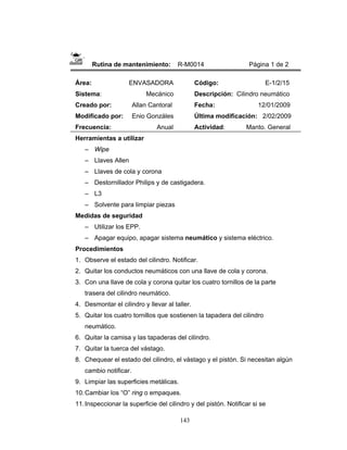 143
Rutina de mantenimiento: R-M0014 Página 1 de 2
Área: ENVASADORA
Sistema: Mecánico
Creado por: Allan Cantoral
Modificado por: Enio Gonzáles
Frecuencia: Anual
Código: E-1/2/15
Descripción: Cilindro neumático
Fecha: 12/01/2009
Última modificación: 2/02/2009
Actividad: Manto. General
Herramientas a utilizar
– Wipe
– Llaves Allen
– Llaves de cola y corona
– Destornillador Philips y de castigadera.
– L3
– Solvente para limpiar piezas
Medidas de seguridad
– Utilizar los EPP.
– Apagar equipo, apagar sistema neumático y sistema eléctrico.
Procedimientos
1. Observe el estado del cilindro. Notificar.
2. Quitar los conductos neumáticos con una llave de cola y corona.
3. Con una llave de cola y corona quitar los cuatro tornillos de la parte
trasera del cilindro neumático.
4. Desmontar el cilindro y llevar al taller.
5. Quitar los cuatro tornillos que sostienen la tapadera del cilindro
neumático.
6. Quitar la camisa y las tapaderas del cilindro.
7. Quitar la tuerca del vástago.
8. Chequear el estado del cilindro, el vástago y el pistón. Si necesitan algún
cambio notificar.
9. Limpiar las superficies metálicas.
10.Cambiar los “O” ring o empaques.
11.Inspeccionar la superficie del cilindro y del pistón. Notificar si se
 
