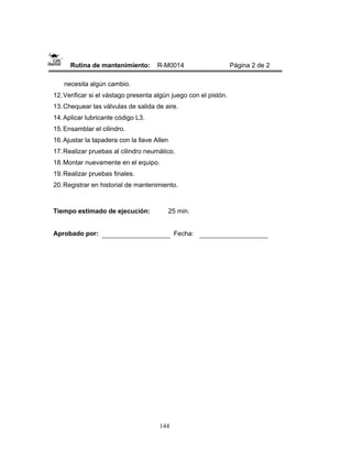 144
Rutina de mantenimiento: R-M0014 Página 2 de 2
necesita algún cambio.
12.Verificar si el vástago presenta algún juego con el pistón.
13.Chequear las válvulas de salida de aire.
14.Aplicar lubricante código L3.
15.Ensamblar el cilindro.
16.Ajustar la tapadera con la llave Allen
17.Realizar pruebas al cilindro neumático.
18.Montar nuevamente en el equipo.
19.Realizar pruebas finales.
20.Registrar en historial de mantenimiento.
Tiempo estimado de ejecución: 25 min.
Aprobado por: Fecha:
 