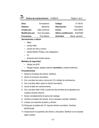 145
Rutina de mantenimiento: R-M0015 Página 1 de 2
Área: Envasadora
Sistema: Mecánico
Creado por: Allan Cantoral
Modificado por: Enio Gonzáles
Frecuencia: Tres Meses
Código: E-1/6/18
Descripción: Cortadora
Fecha: 12/01/2009
Última modificación: 2/02/2009
Actividad: Manto. general
Herramientas a utilizar
– Wipe
– Llaves Allen
– Llaves de cola y corona
– Destornillador Philips y de castigadera.
– L3
– Solvente para limpiar piezas
Medidas de seguridad
– Utilizar los EPP.
– Apagar equipo, apagar sistema neumático y sistema eléctrico.
Procedimientos
1. Observe el estado del cilindro. Notificar.
2. Quitar el conducto neumático.
3. Con una llave de cola y corona de 1/2 in aflojar la contratuerca.
4. Con una llave Allen quitar el cilindro neumático.
5. Llevar al taller de mantenimiento.
6. Con una llave Allen 5/32 in quitar los dos tornillos de la tapadera con
cuidado (resorte interno).
7. Quitar completamente la tuerca del vástago.
8. Verificar el estado del resorte. Si en necesario cambiar. Notificar.
9. Limpiar con solvente el pistón y cilindro.
10.Chequear el estado del “O” ring del cilindro neumático. Cambiar
NOTIFICAR.
11.Inspeccionar la superficie del cilindro y del pistón. Notificar si se necesita
algún cambio.
 