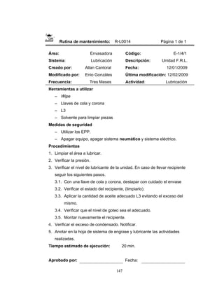147
Rutina de mantenimiento: R-L0014 Página 1 de 1
Área: Envasadora
Sistema: Lubricación
Creado por: Allan Cantoral
Modificado por: Enio Gonzáles
Frecuencia: Tres Meses
Código: E-1/4/1
Descripción: Unidad F.R.L.
Fecha: 12/01/2009
Última modificación: 12/02/2009
Actividad: Lubricación
Herramientas a utilizar
– Wipe
– Llaves de cola y corona
– L3
– Solvente para limpiar piezas
Medidas de seguridad
– Utilizar los EPP.
– Apagar equipo, apagar sistema neumático y sistema eléctrico.
Procedimientos
1. Limpiar el área a lubricar.
2. Verificar la presión.
3. Verificar el nivel de lubricante de la unidad. En caso de llevar recipiente
seguir los siguientes pasos.
3.1. Con una llave de cola y corona, destapar con cuidado el envase
3.2. Verificar el estado del recipiente, (limpiarlo).
3.3. Aplicar la cantidad de aceite adecuado L3 evitando el exceso del
mismo.
3.4. Verificar que el nivel de goteo sea el adecuado.
3.5. Montar nuevamente el recipiente.
4. Verificar el exceso de condensado. Notificar.
5. Anotar en la hoja de sistema de engrase y lubricante las actividades
realizadas.
Tiempo estimado de ejecución: 20 min.
Aprobado por: Fecha:
 