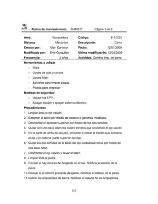 152
Rutina de mantenimiento: R-M0017 Página 1 de 2
Área: Envasadora
Sistema: Mecánico
Creado por: Allan Cantoral
Modificado por: Enio Gonzáles
Frecuencia: 2 años
Código: E-1/2/23
Descripción: Carro
Fecha: 12/01/2009
Última modificación: 12/02/2009
Actividad: Cambio limp. de barra
Herramientas a utilizar
– Wipe
– Llaves de cola y corona
– Llaves Allen
– Solvente para limpiar piezas
– Pistola para engrasar
Medidas de seguridad
– Utilizar los EPP.
– Apagar equipo y apagar sistema eléctrico.
Procedimientos
1. Limpiar área el eje vaivén.
2. Sostener el carro por medio de cadena o ganchos metálicos.
3. Desmontar el sprocket superior por medio de los dos tornillos.
4. Quitar con una llave Allen los cuatro tornillos que sostienen el eje vaivén
5. En la parte de atrás del equipo, proceder a retirar el tornillo que sostiene
el eje y la cadena (parte superior del eje).
6. Quitar los dos tornillos de la base del eje cuidadosamente por medio de
una llave Allen.
7. Desmontar el eje vaivén y llevar al taller.
8. Limpiar toda la pieza.
9. Revisar si hay exceso de desgaste en el eje. Notificar el estado de la
pieza.
10.Revisar si el cilindro presenta desgaste. Notificar el estado de la pieza.
11.Retirar los limpiadores de barra. Notificar el estado de los limpiadores
 