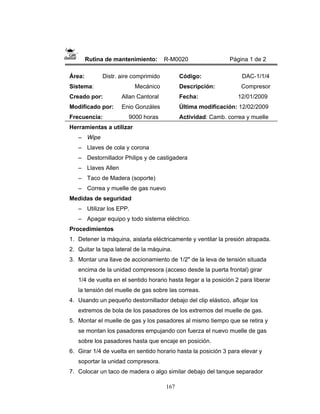 167
Rutina de mantenimiento: R-M0020 Página 1 de 2
Área: Distr. aire comprimido
Sistema: Mecánico
Creado por: Allan Cantoral
Modificado por: Enio Gonzáles
Frecuencia: 9000 horas
Código: DAC-1/1/4
Descripción: Compresor
Fecha: 12/01/2009
Última modificación: 12/02/2009
Actividad: Camb. correa y muelle
Herramientas a utilizar
– Wipe
– Llaves de cola y corona
– Destornillador Philips y de castigadera
– Llaves Allen
– Taco de Madera (soporte)
– Correa y muelle de gas nuevo
Medidas de seguridad
– Utilizar los EPP.
– Apagar equipo y todo sistema eléctrico.
Procedimientos
1. Detener la máquina, aislarla eléctricamente y ventilar la presión atrapada.
2. Quitar la tapa lateral de la máquina.
3. Montar una llave de accionamiento de 1/2" de la leva de tensión situada
encima de la unidad compresora (acceso desde la puerta frontal) girar
1/4 de vuelta en el sentido horario hasta llegar a la posición 2 para liberar
la tensión del muelle de gas sobre las correas.
4. Usando un pequeño destornillador debajo del clip elástico, aflojar los
extremos de bola de los pasadores de los extremos del muelle de gas.
5. Montar el muelle de gas y los pasadores al mismo tiempo que se retira y
se montan los pasadores empujando con fuerza el nuevo muelle de gas
sobre los pasadores hasta que encaje en posición.
6. Girar 1/4 de vuelta en sentido horario hasta la posición 3 para elevar y
soportar la unidad compresora.
7. Colocar un taco de madera o algo similar debajo del tanque separador
 