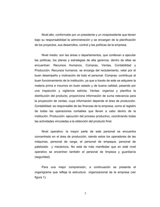 3
Nivel alto: conformado por un presidente y un vicepresidente que tienen
bajo su responsabilidad la administración y se encargan de la planificación
de los proyectos, sus desarrollos, control y las políticas de la empresa.
Nivel medio: son las áreas o departamentos, que conllevan a ejecutar
las políticas, los planes y estrategias de alta gerencia, dentro de ellas se
encuentran: Recursos Humanos, Compras, Ventas, Contabilidad y
Producción. Recursos humanos: se encarga del reclutamiento, velar por el
buen desempeño y motivación de todo el personal. Compras: contribuye al
buen funcionamiento de la institución, ya que a través de este se adquiere la
materia prima e insumos en buen estado y de buena calidad, pasando por
una inspección y vigilancia estricta. Ventas: organiza y planifica la
distribución del producto, proporciona información de suma relevancia para
la proyección de ventas, cuya información depende el área de producción.
Contabilidad: es responsable de las finanzas de la empresa, como el registro
de todas las operaciones contables que llevan a cabo dentro de la
institución. Producción: ejecución del proceso productivo, coordinando todas
las actividades vinculadas a la obtención del producto final.
Nivel operativo: la mayor parte de este personal se encuentra
concentrado en el área de producción, siendo estos los operadores de las
máquinas, personal de carga, el personal de empaque, personal de
paletizado y mecánicos. No está de más manifestar que en esté nivel
operativo se encentran también el personal de limpieza y guardianía
(seguridad).
Para una mejor comprensión, a continuación se presenta el
organigrama que refleja la estructura organizacional de la empresa (ver
figura 1).
 