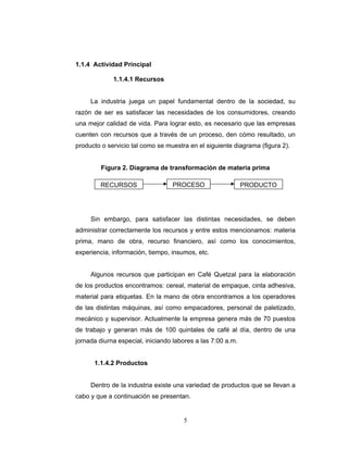 5
1.1.4 Actividad Principal
1.1.4.1 Recursos
La industria juega un papel fundamental dentro de la sociedad, su
razón de ser es satisfacer las necesidades de los consumidores, creando
una mejor calidad de vida. Para lograr esto, es necesario que las empresas
cuenten con recursos que a través de un proceso, den cómo resultado, un
producto o servicio tal como se muestra en el siguiente diagrama (figura 2).
Figura 2. Diagrama de transformación de materia prima
Sin embargo, para satisfacer las distintas necesidades, se deben
administrar correctamente los recursos y entre estos mencionamos: materia
prima, mano de obra, recurso financiero, así como los conocimientos,
experiencia, información, tiempo, insumos, etc.
Algunos recursos que participan en Café Quetzal para la elaboración
de los productos encontramos: cereal, material de empaque, cinta adhesiva,
material para etiquetas. En la mano de obra encontramos a los operadores
de las distintas máquinas, así como empacadores, personal de paletizado,
mecánico y supervisor. Actualmente la empresa genera más de 70 puestos
de trabajo y generan más de 100 quintales de café al día, dentro de una
jornada diurna especial, iniciando labores a las 7:00 a.m.
1.1.4.2 Productos
Dentro de la industria existe una variedad de productos que se llevan a
cabo y que a continuación se presentan.
RECURSOS PROCESO PRODUCTO
 